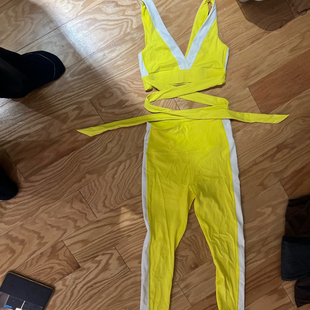 Solid and stripe active Yellow and White Two-Piece Set